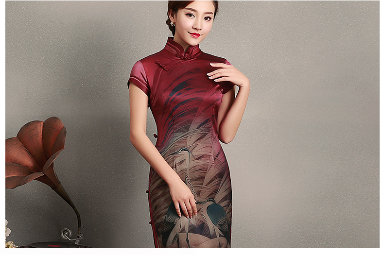 復(fù)古鶴短袖旗袍，蠶絲印花旗袍裙