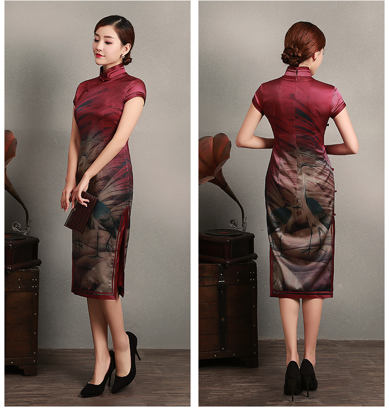 復(fù)古鶴短袖旗袍，蠶絲印花旗袍裙