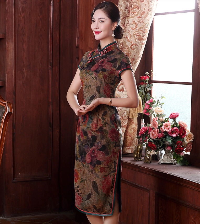復(fù)古手工盤扣短袖旗袍，蠶絲印花旗袍裙