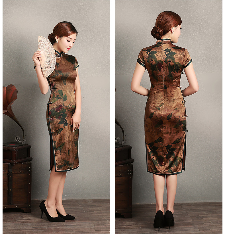 復(fù)古風(fēng)沉今短袖旗袍，蠶絲印花旗袍裙