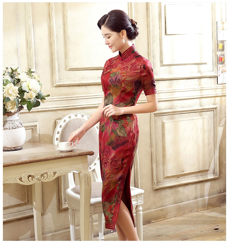 紅色花色短袖旗袍，蠶絲印花旗袍裙