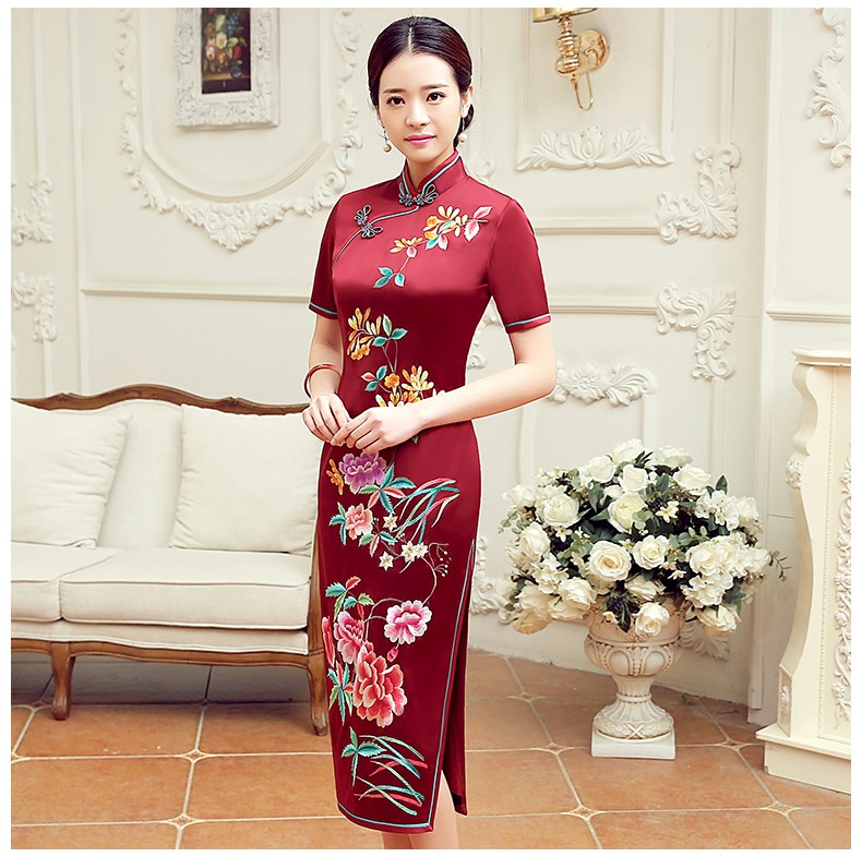 紅色桂花香短袖旗袍，蠶絲刺繡旗袍裙
