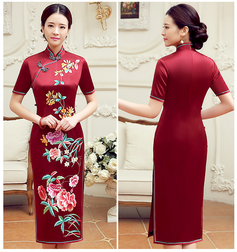 紅色桂花香短袖旗袍，蠶絲刺繡旗袍裙