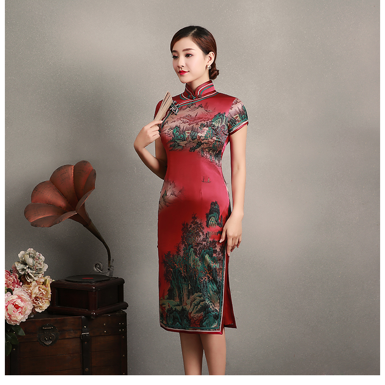 紅色山岳短袖旗袍，蠶絲時尚旗袍裙
