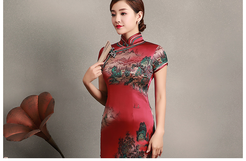 紅色山岳短袖旗袍，蠶絲時尚旗袍裙