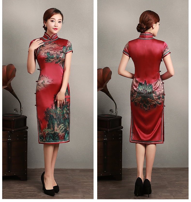 紅色山岳短袖旗袍，蠶絲時尚旗袍裙