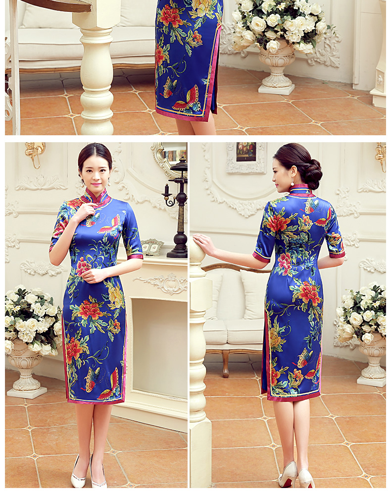復(fù)古蝶花舞短袖旗袍，蠶絲時(shí)尚旗袍裙