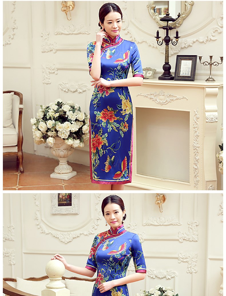 復(fù)古蝶花舞短袖旗袍，蠶絲時(shí)尚旗袍裙