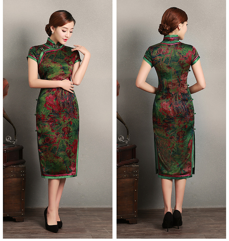 復(fù)古墨綠抽象色彩短袖旗袍，蠶絲時尚旗袍裙