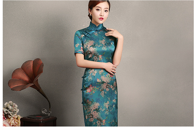 藍綠色玉梅短袖旗袍，蠶絲時尚旗袍裙