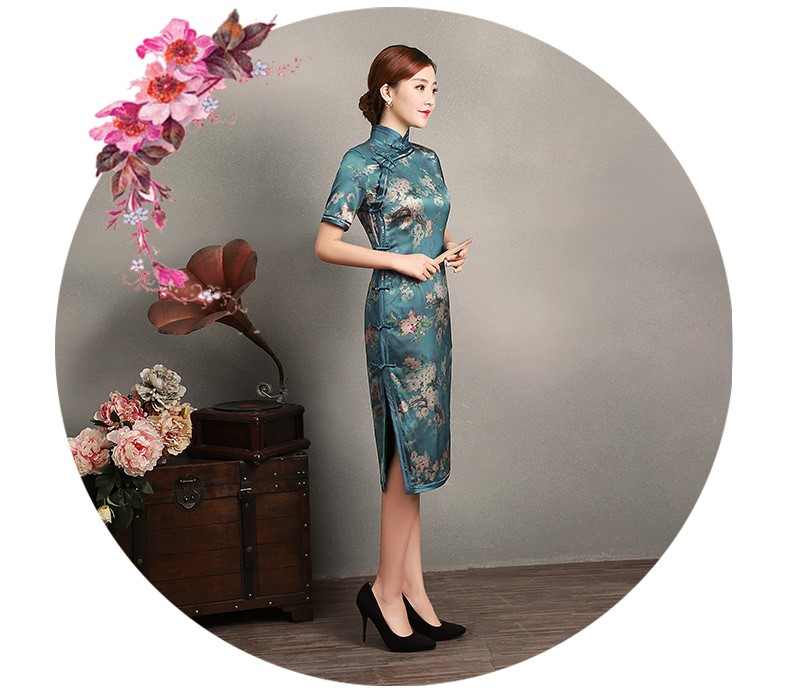 藍綠色玉梅短袖旗袍，蠶絲時尚旗袍裙