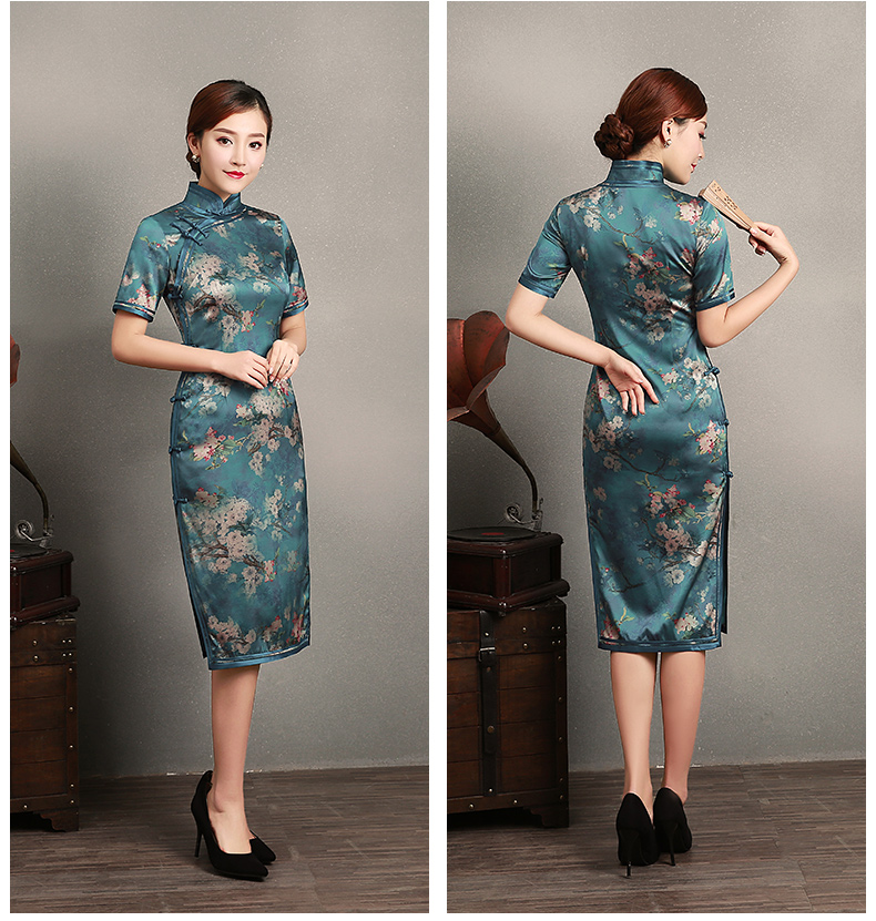 藍綠色玉梅短袖旗袍，蠶絲時尚旗袍裙