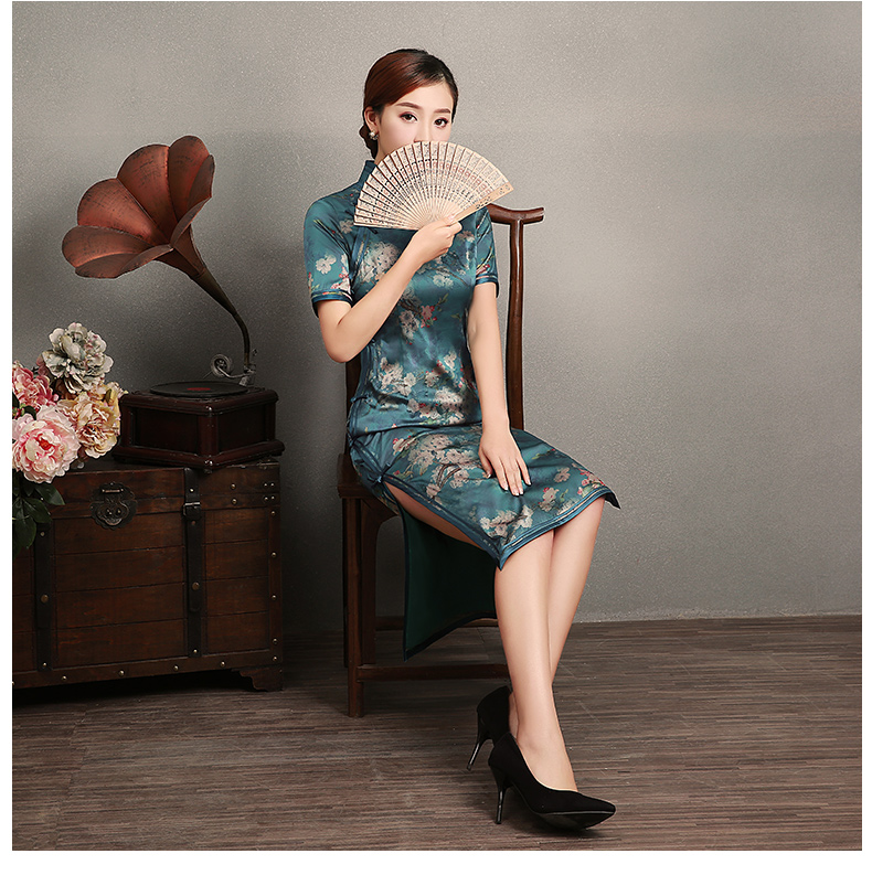 藍綠色玉梅短袖旗袍，蠶絲時尚旗袍裙