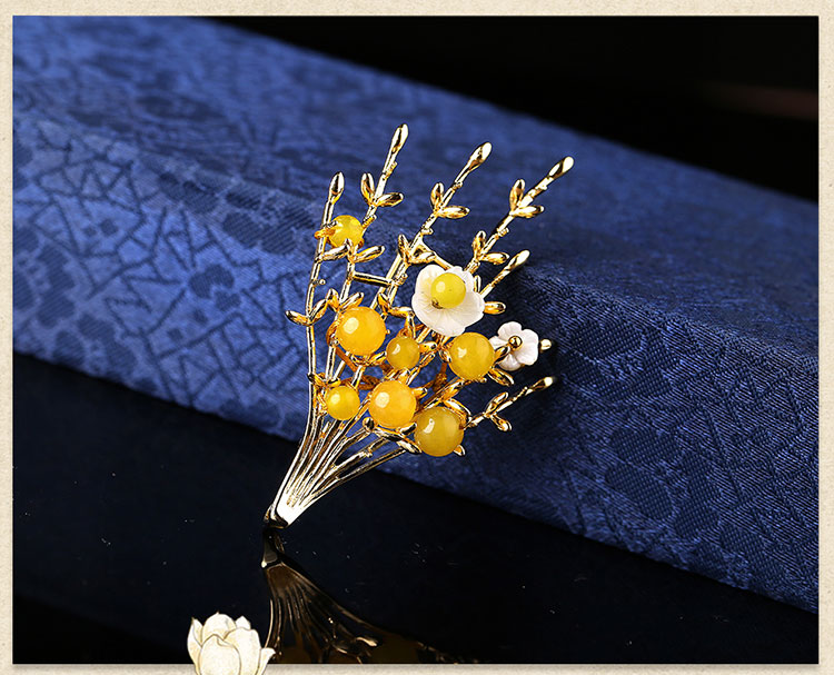 黃瑪瑙福連文苑氣質(zhì)胸針，唯美清新復(fù)古胸花