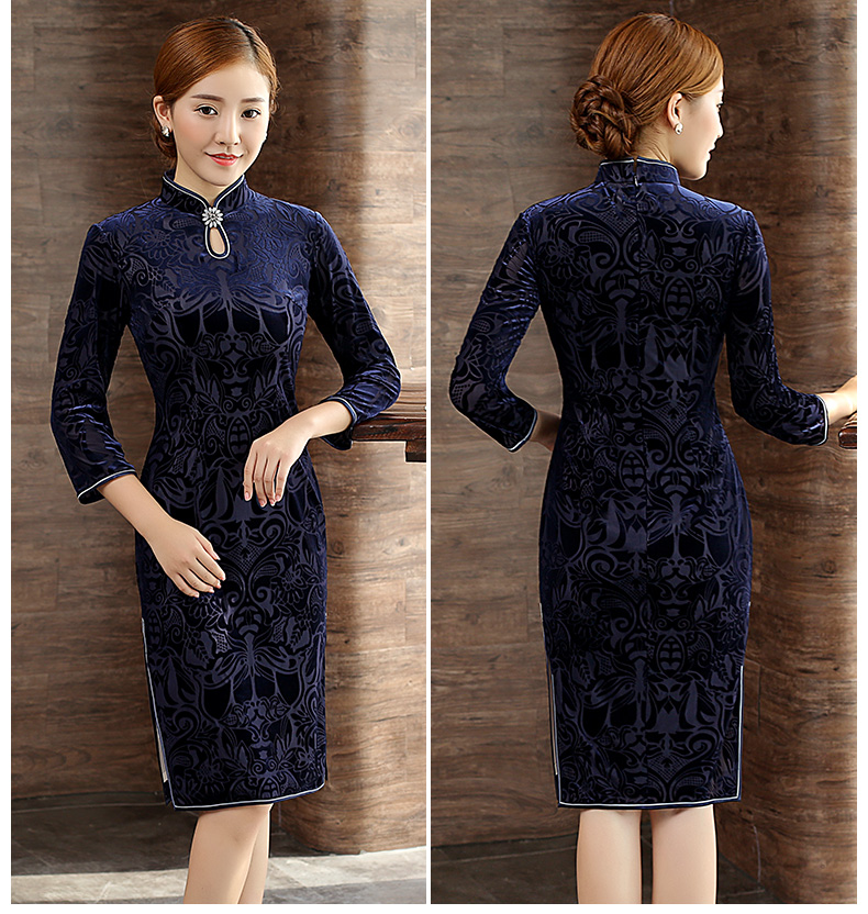 復(fù)古絲絨燒花旗袍，時(shí)尚藍(lán)色中長(zhǎng)款旗袍裙