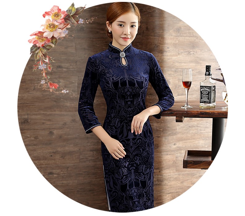 復(fù)古絲絨燒花旗袍，時(shí)尚藍(lán)色中長(zhǎng)款旗袍裙