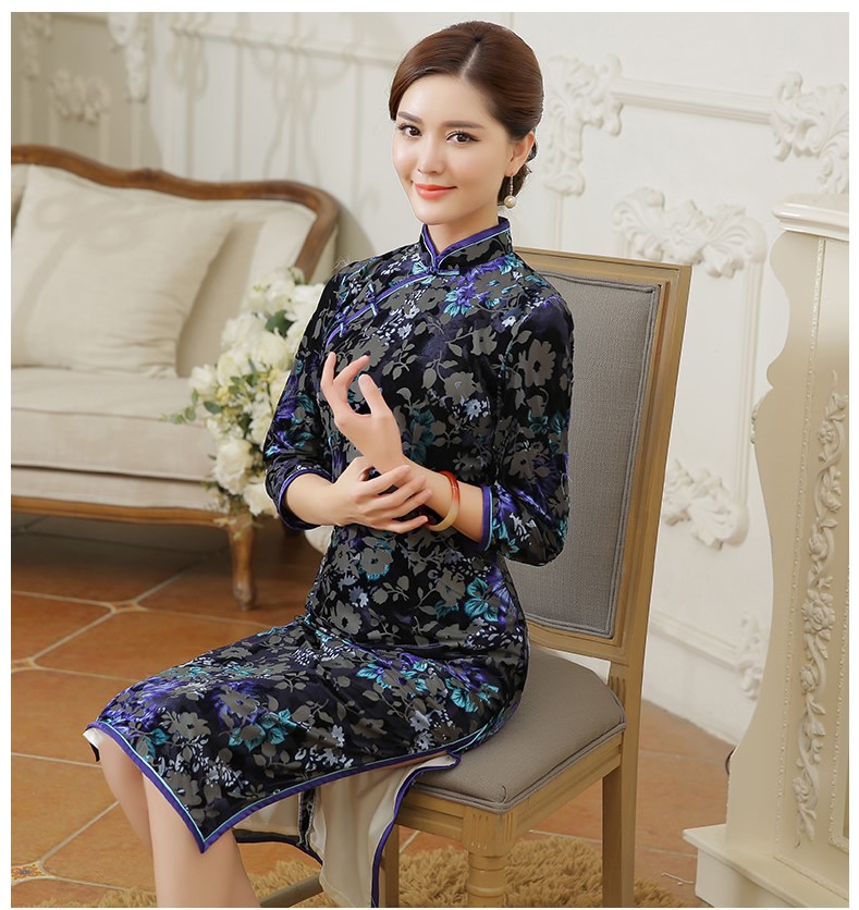 復(fù)古金絲絨燒花旗袍，時(shí)尚中長款旗袍裙