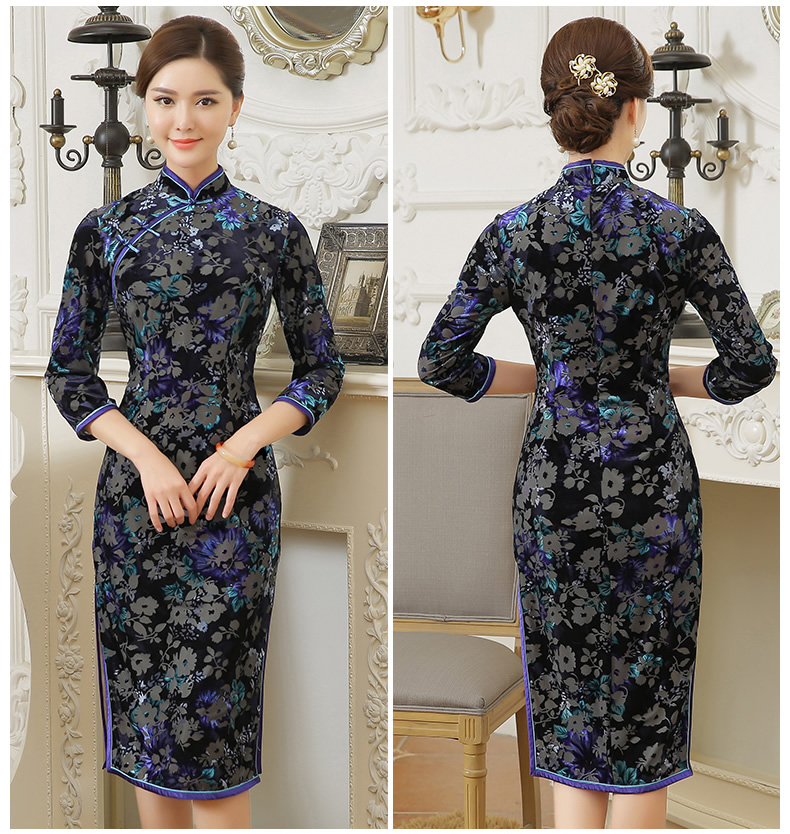 復(fù)古金絲絨燒花旗袍，時(shí)尚中長款旗袍裙