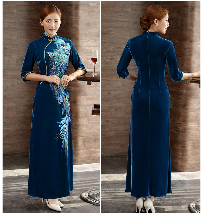 藍(lán)色鳳戀旗袍，絲絨繡花旗袍裙