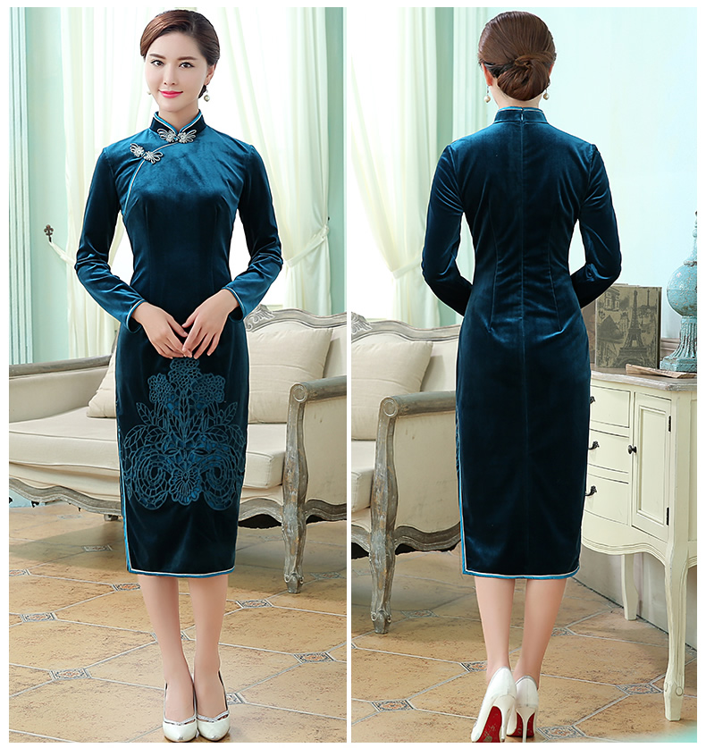 花嫣凹凸繡花旗袍，絲絨古典旗袍裙