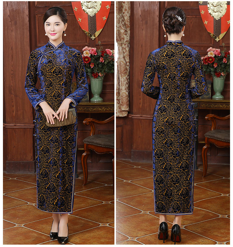 唯美絲絨燒花玫瑰圖案旗袍，情顏長(zhǎng)袖旗袍裙