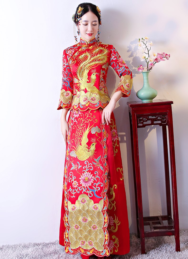 福連文苑龍鳳褂中式禮服，奢華鳳凰刺繡新娘禮服