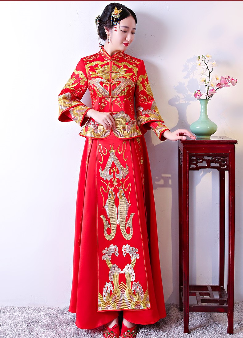 古典吉祥中式禮服，唯美鯉魚刺繡新娘禮服