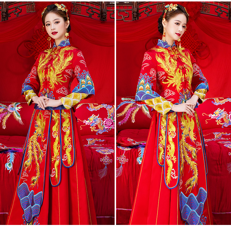 奢華鳳凰中式禮服，唯美五彩刺繡新娘禮服