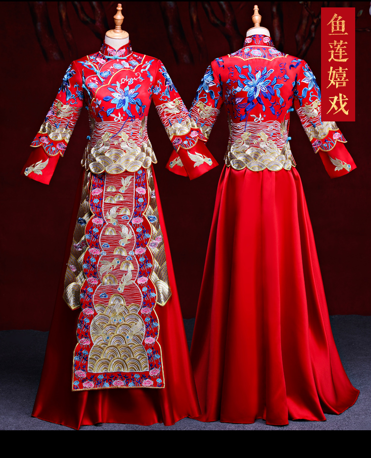 魚蓮嬉戲中式禮服，東方韻味新娘禮服