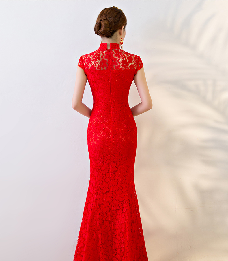 性感蕾絲魚(yú)尾中式禮服，華麗復(fù)古晚禮服