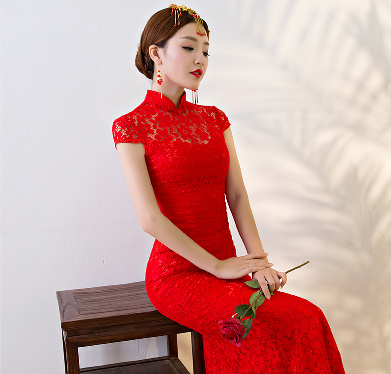 性感蕾絲魚(yú)尾中式禮服，華麗復(fù)古晚禮服