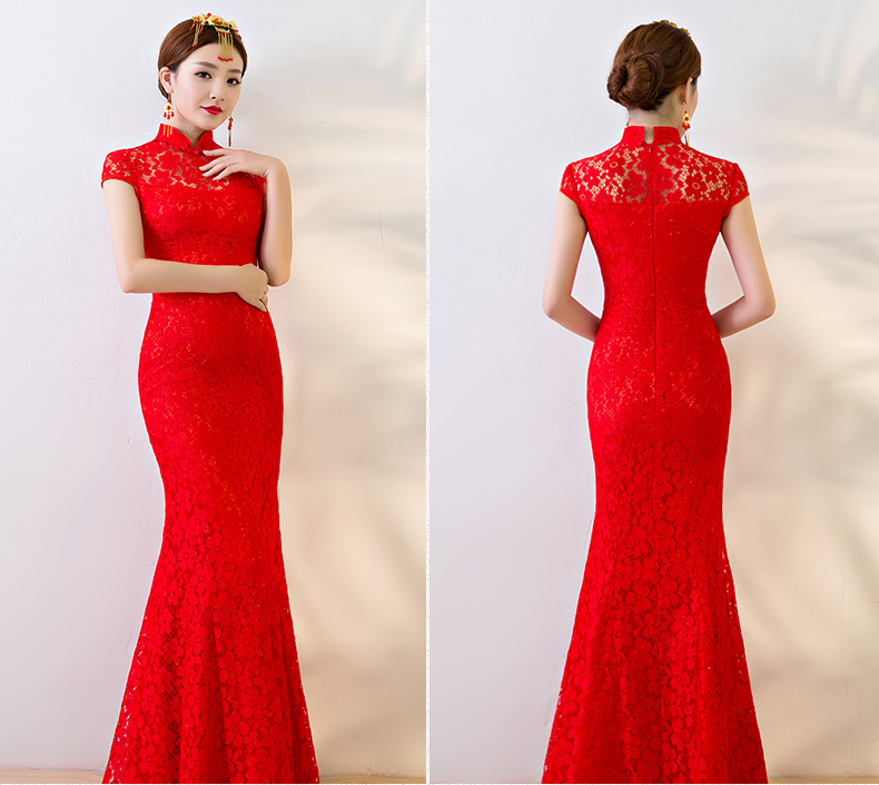 性感蕾絲魚(yú)尾中式禮服，華麗復(fù)古晚禮服