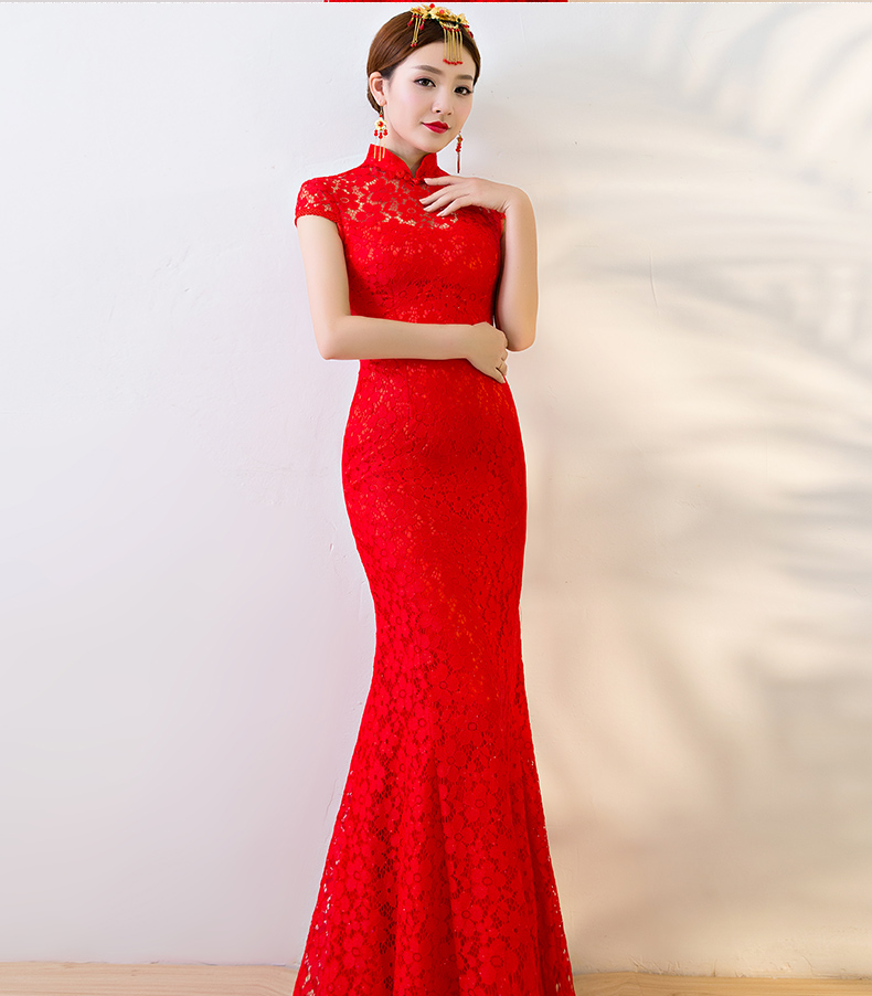 性感蕾絲魚(yú)尾中式禮服，華麗復(fù)古晚禮服