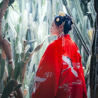 紅衣仙鶴帶傘女生頭像，唯美古風真人頭像