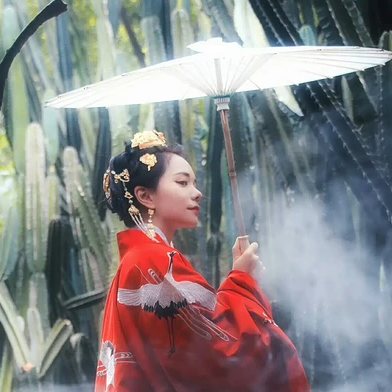 紅衣仙鶴帶傘女生頭像，唯美古風真人頭像