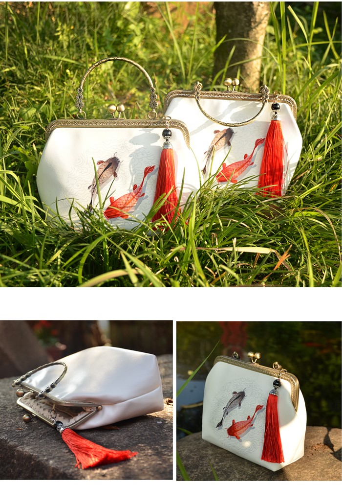 手工福連文苑錦鯉手提包，漢服古風(fēng)斜跨手工包