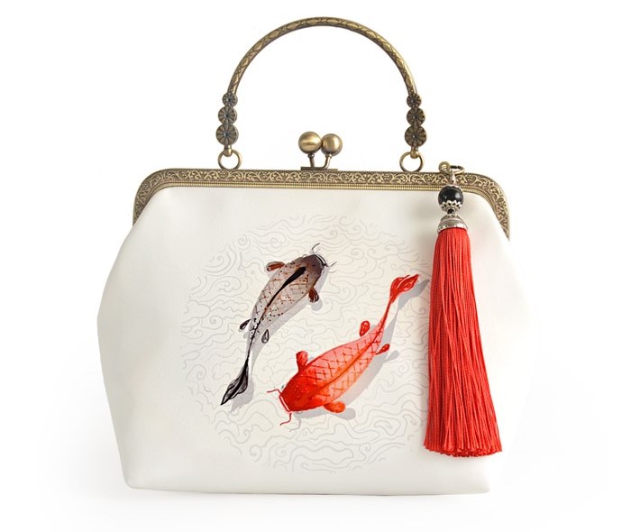 手工福連文苑錦鯉手提包，漢服古風(fēng)斜跨手工包