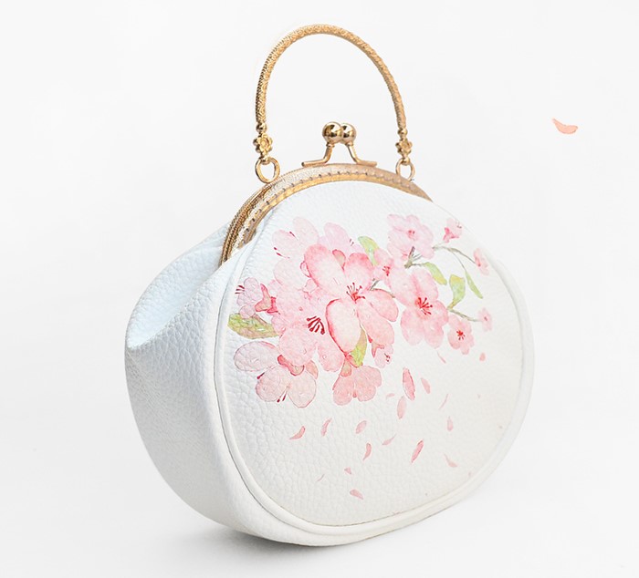 唯美清新桃花手提包，花朵古風(fēng)手工包