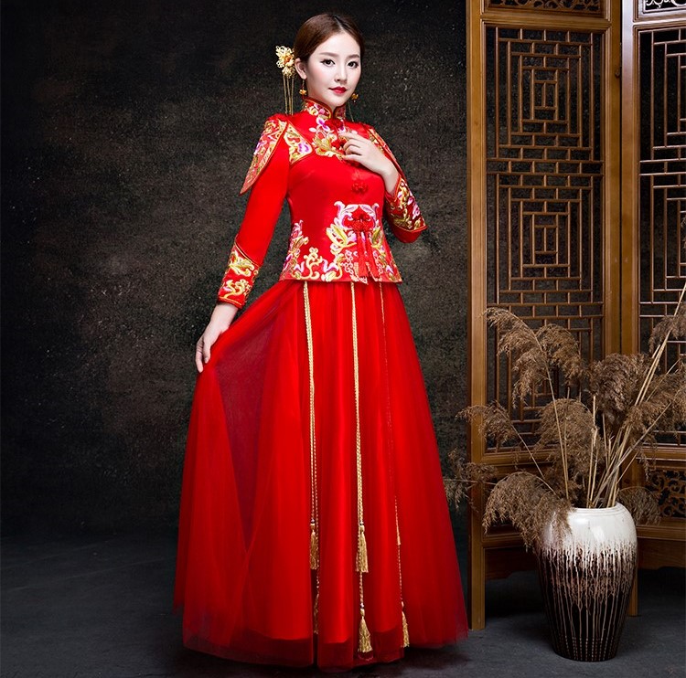 金玉良緣新娘禮服，小披肩中式禮服