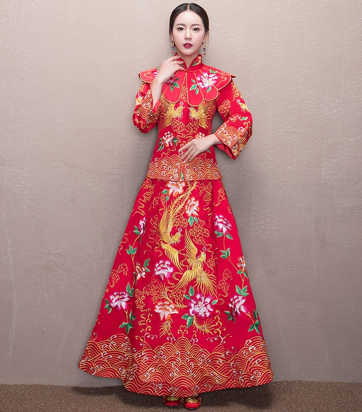 牡丹花領(lǐng)新娘禮服，古典刺繡中式禮服