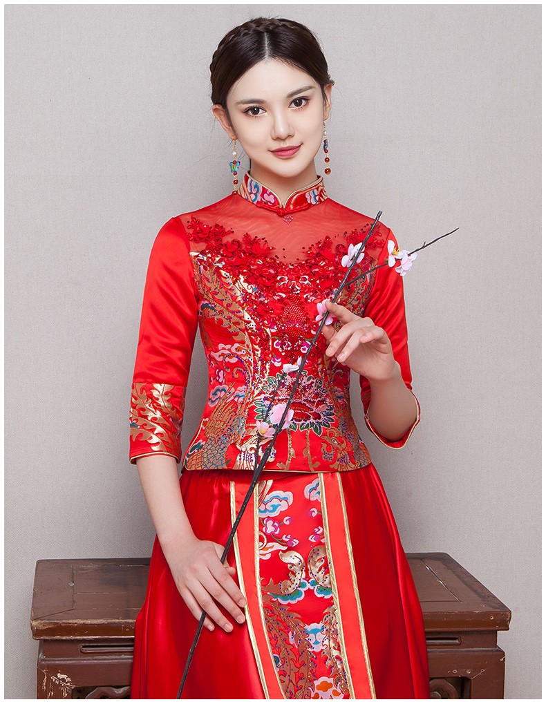 古典華麗新娘禮服，復(fù)古蕾絲中式禮服
