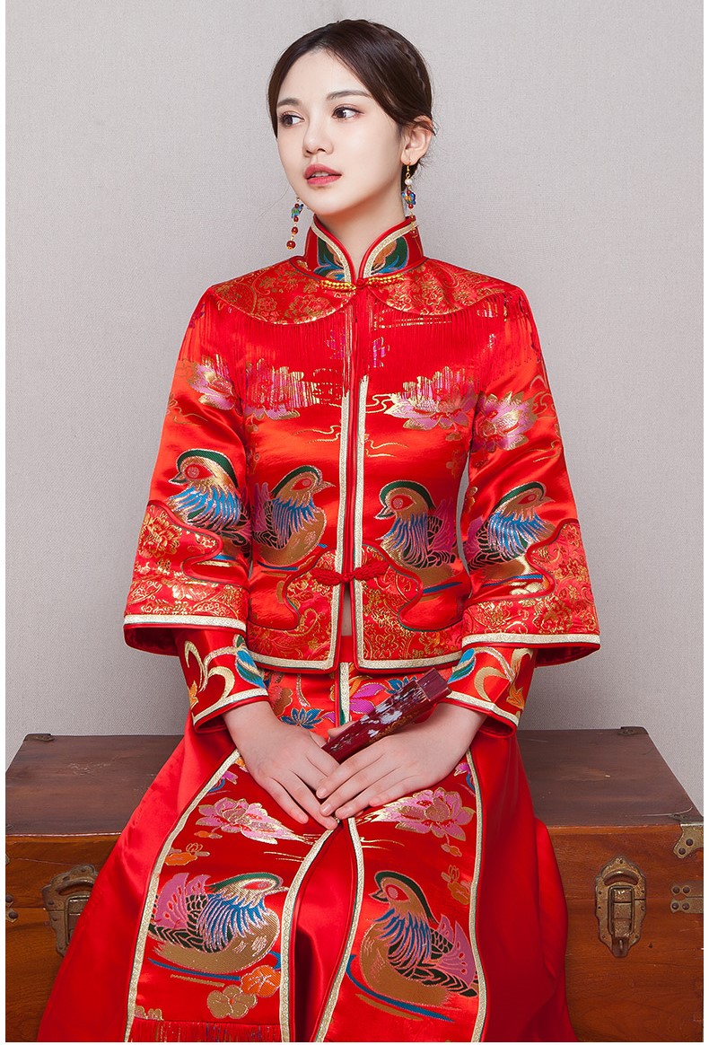 鴛鴦戲水新娘禮服，唯美流蘇中式禮服