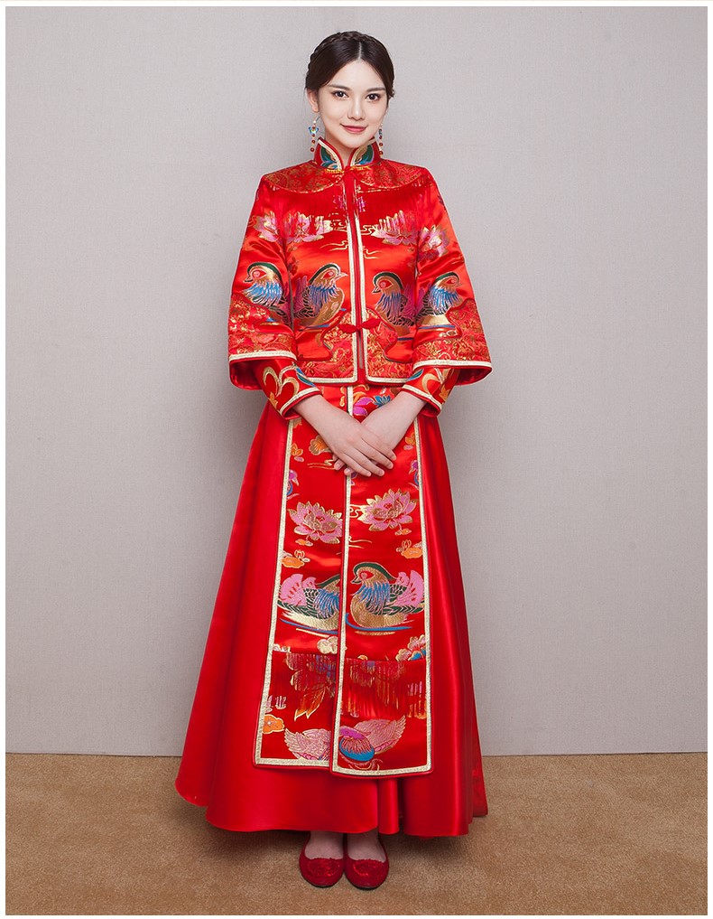 鴛鴦戲水新娘禮服，唯美流蘇中式禮服