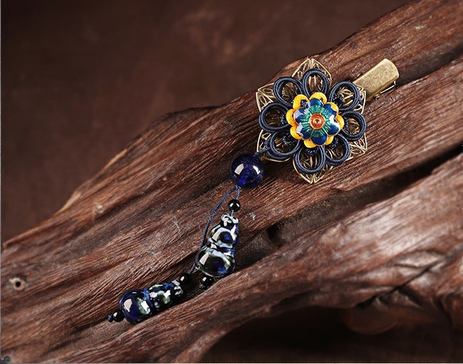 福連文苑花朵復(fù)古陶瓷吊墜發(fā)夾頭飾