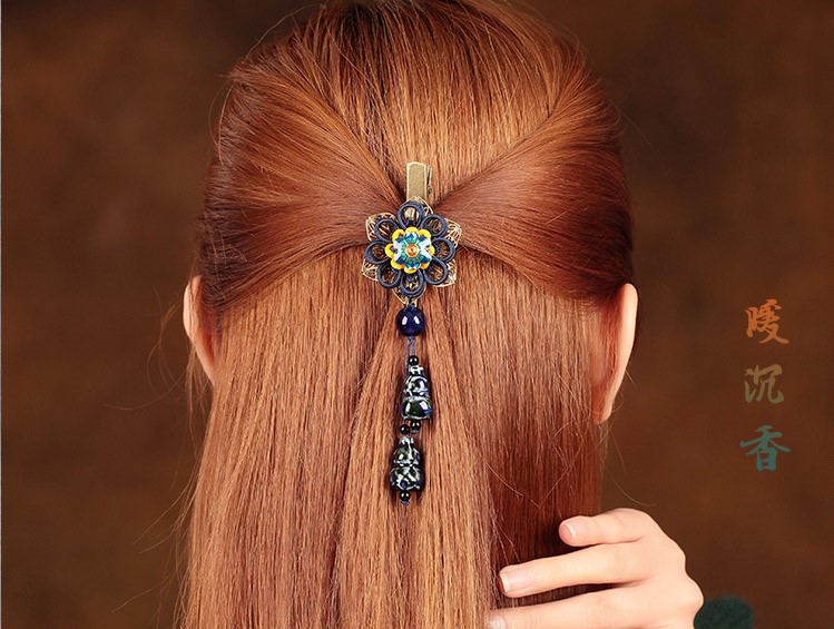 福連文苑花朵復(fù)古陶瓷吊墜發(fā)夾頭飾