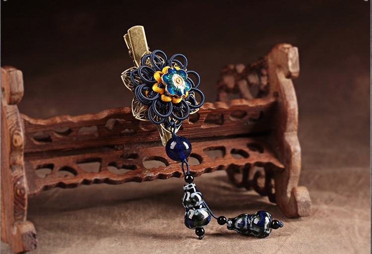 福連文苑花朵復(fù)古陶瓷吊墜發(fā)夾頭飾
