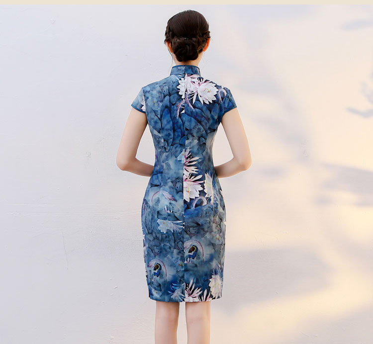 藍曇唯美復古短袖蠶絲旗袍裙
