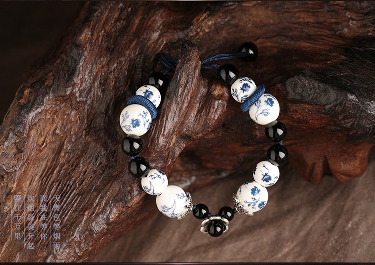 古樸福連文苑青花瓷手鏈瑪瑙手串