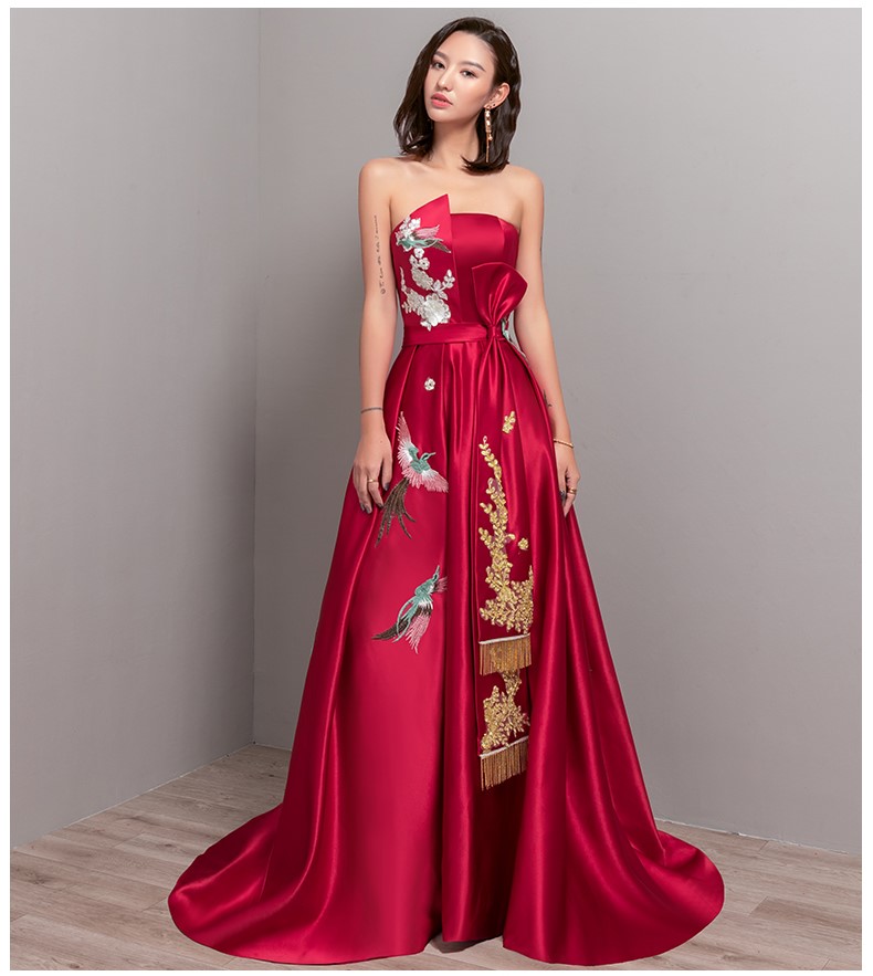 典雅福連文苑喜鵲刺繡中式晚禮服