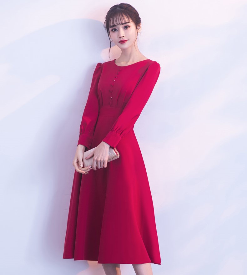 紅色長袖收腰中式禮服，時尚蝴蝶結(jié)晚禮服